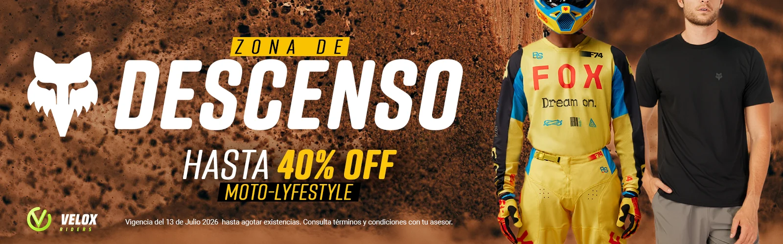 Zona de Descenso Fox: hasta 40% OFF en moto y lifestyle.
